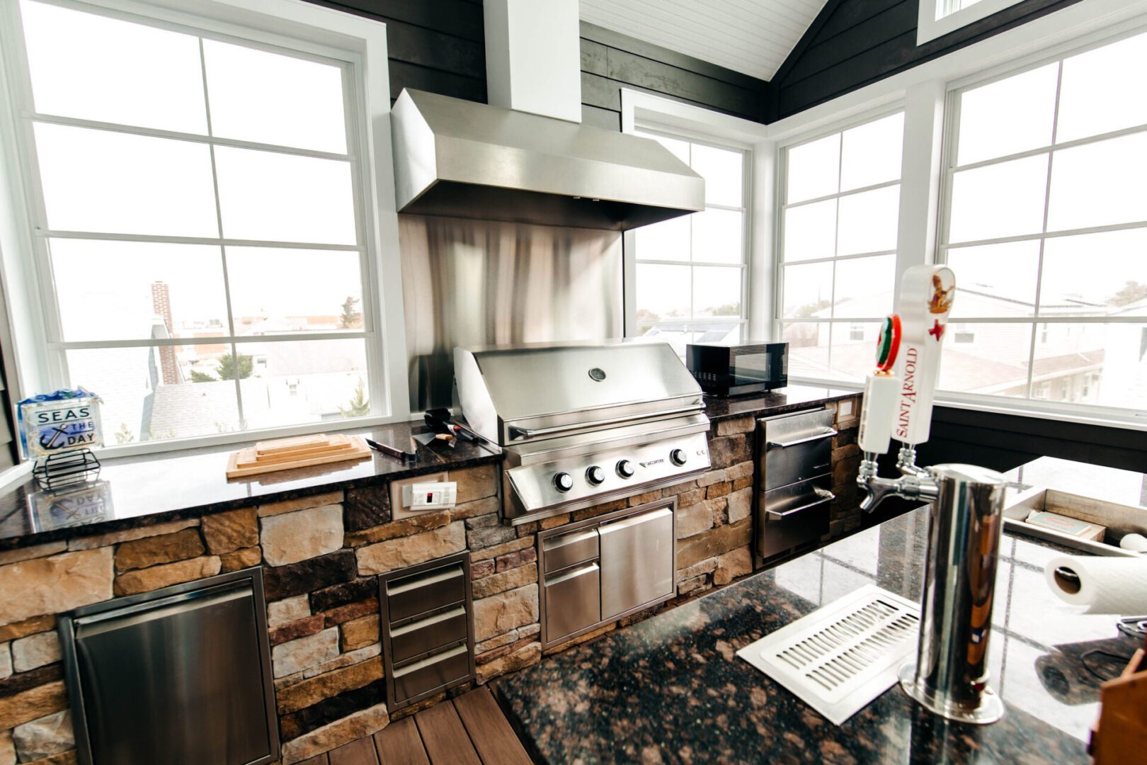a kitchen area with unique appliances